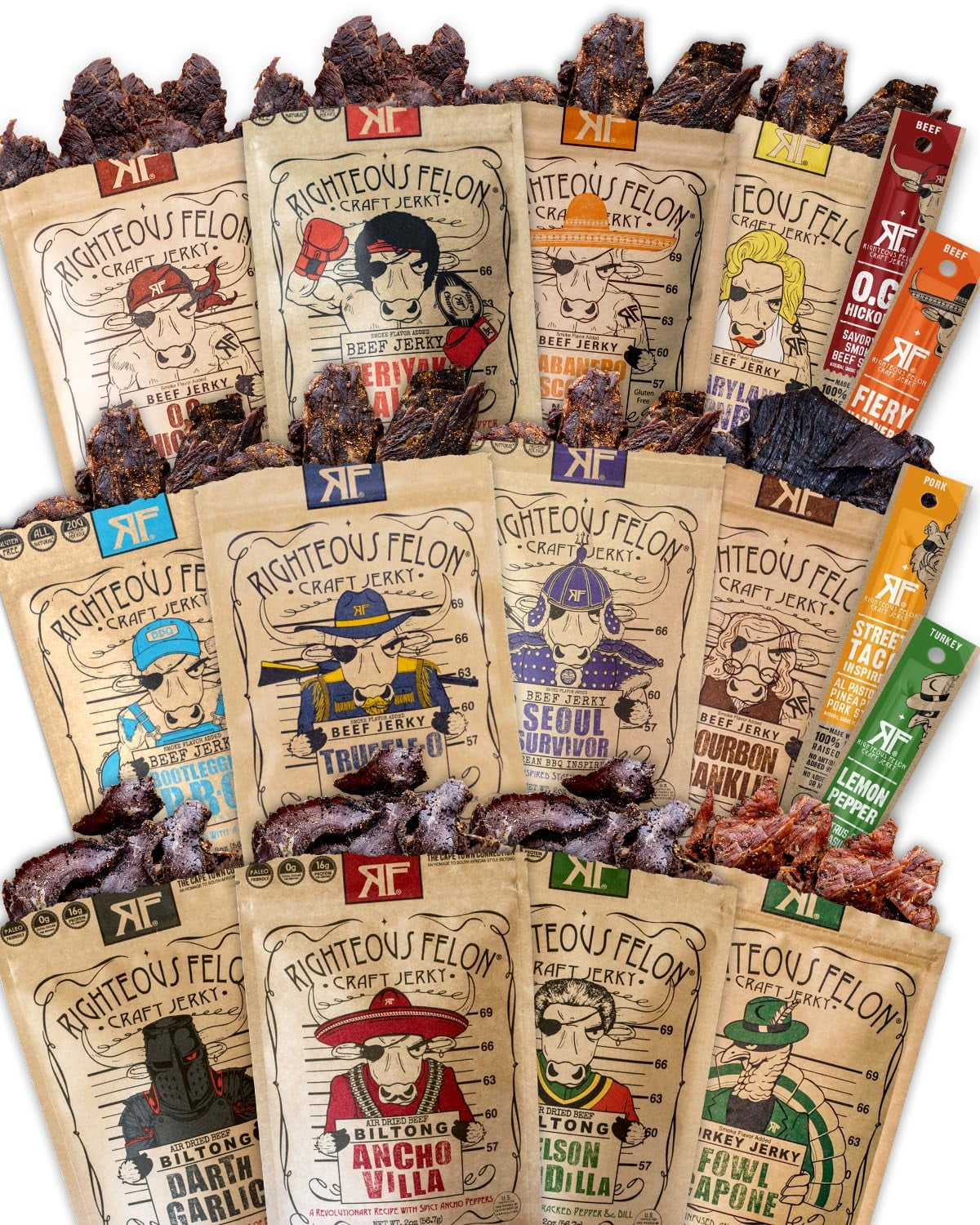 Righteous Felon Beef Jerky DHF10 & Meat Sticks Variety Gluten Free Beef