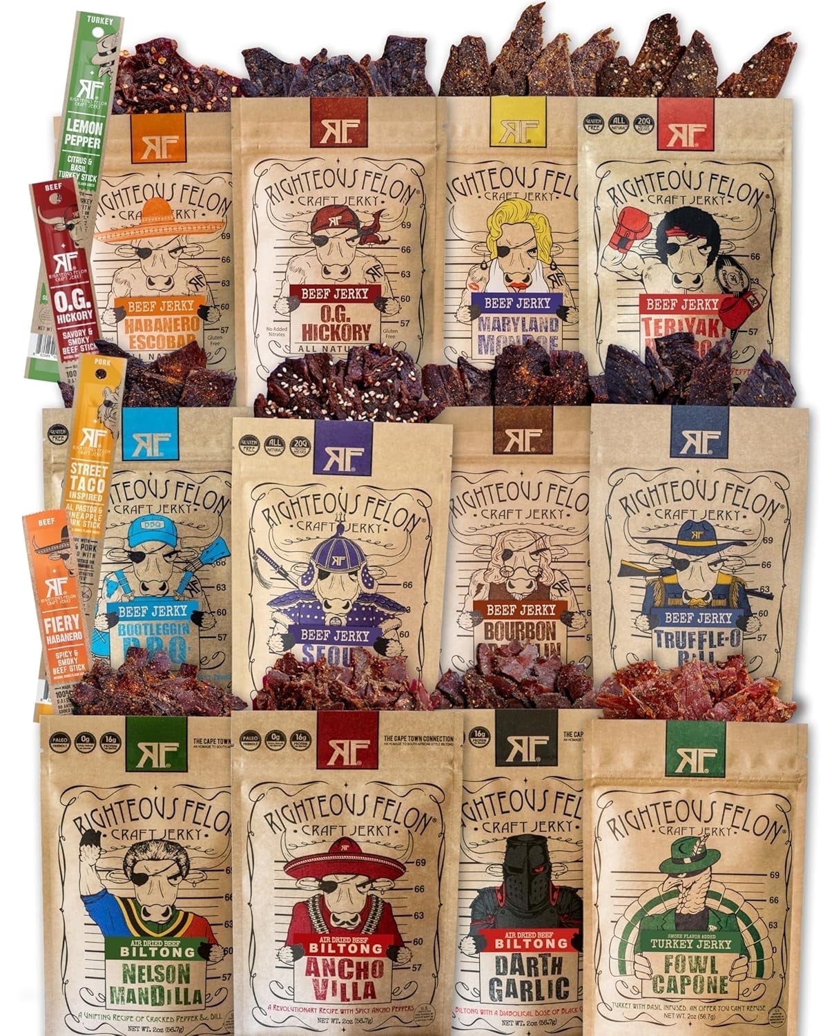 Righteous Felon Beef Jerky & Meat Sticks Variety Pack | Gifts for Men | High Protein, Keto, Low Sugar | Made with Premium Meats | Gluten Free Beef Jerky Snack Packs | Whole Shebang 16 Pack