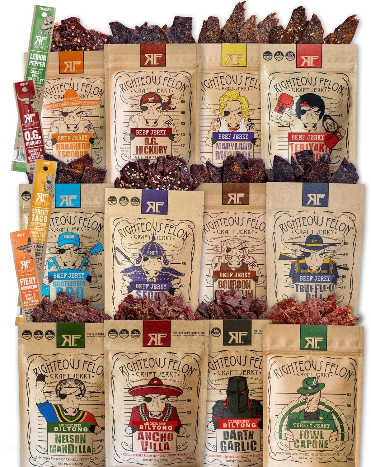 Righteous Felon Beef Jerky & Meat Sticks Variety Pack | Gifts for Men | High Protein, Keto, Low Sugar | Made with Premium Meats | Gluten Free Beef Jerky Snack Packs | Whole Shebang 16 Pack