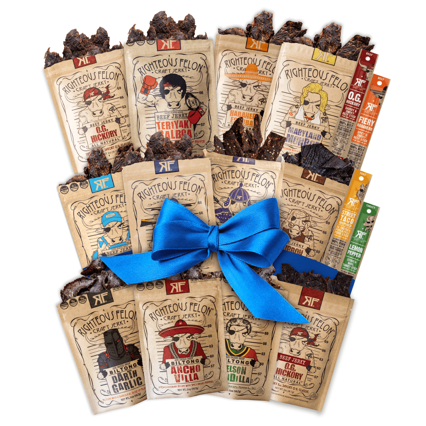 Righteous Felon Jerky & Meat Sticks Variety 16 Pack - High Protein, Low Sugar Gifts for Men