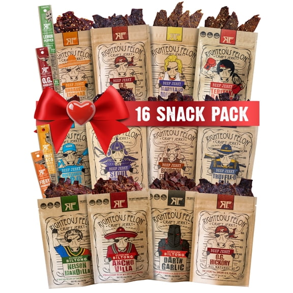 Righteous Felon Jerky & Meat Sticks Variety 16 Pack - Keto, Low Sugar Valentine’s Gifts for Men