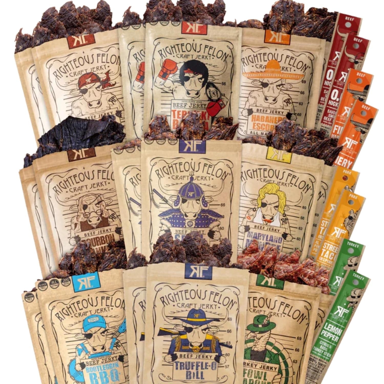 Righteous Felon Beef Jerky and Meat Sticks Variety Pack, High Protein, Low Carb, Low Sugar, Gluten Free, Healthy Snacks for Adults and Kids, Made with Premium Meats (Noah's Ark 26 Pack)