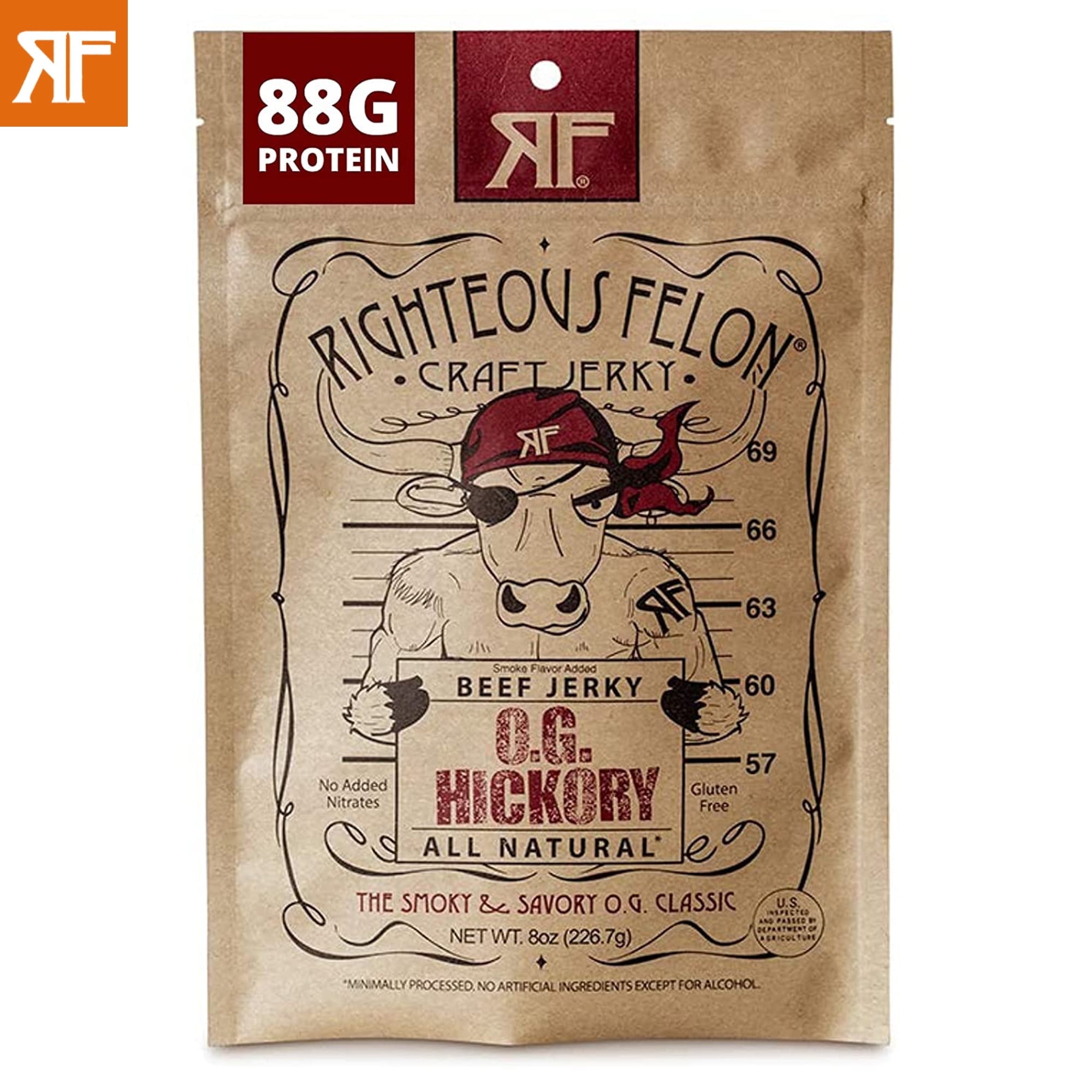Righteous Felon Beef Jerky OG Hickory Flavor Low Calorie High Protein Healthy Snacks 1 pack 8oz