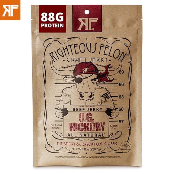 Righteous Felon Beef Jerky OG Hickory Flavor Low Calorie High Protein Healthy Snacks 1 pack 8oz
