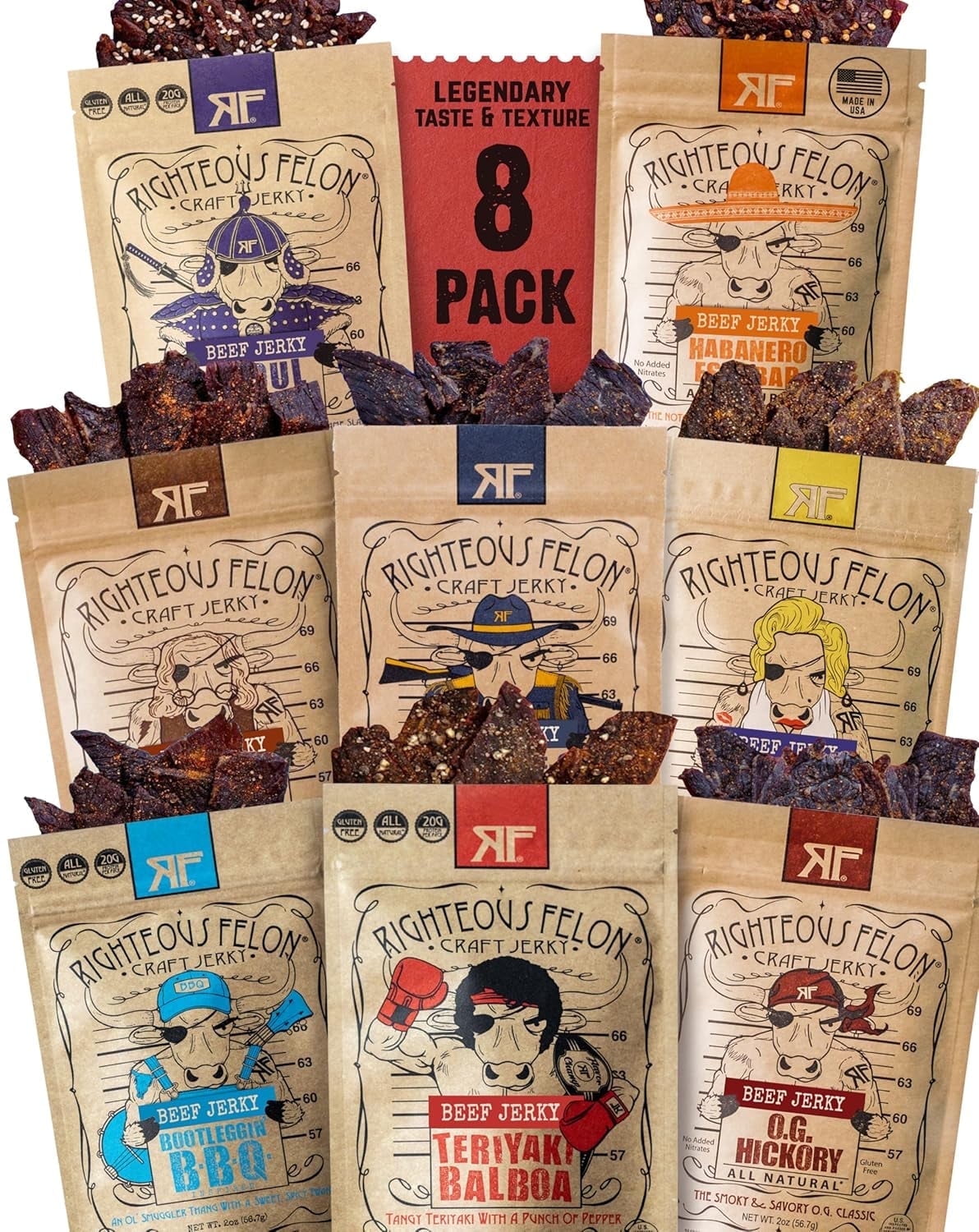 Righteous Felon Beef Jerky Variety Pack | Gluten Free Snack for Adults | High Protein, Keto-Friendly, Low Sugar | Made with Premium Meat | Sampler 8 pack | Beef Jerky Gifts for Men | Stocking Stuffer