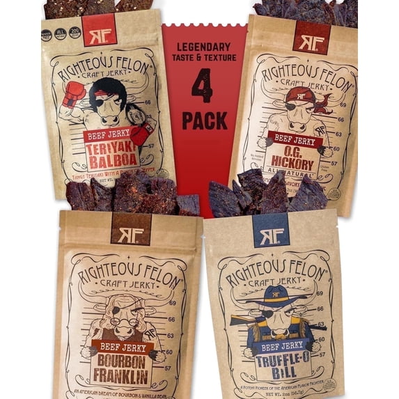 Righteous Felon Savory Beef Jerky 4 Pack - High Protein, Low Sugar, Gluten Free Gifts for Men