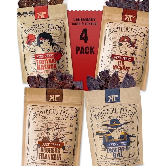 Righteous Felon Savory Beef Jerky 4 Pack - High Protein, Low Sugar, Gluten Free Gifts for Men