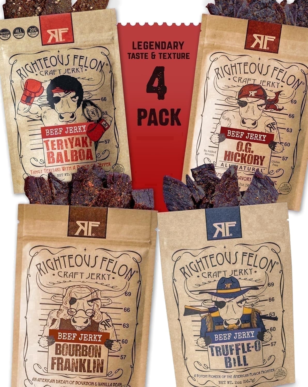 Righteous Felon Savory Beef Jerky 4 Pack - High Protein, Low Sugar, Gluten Free Gifts for Men