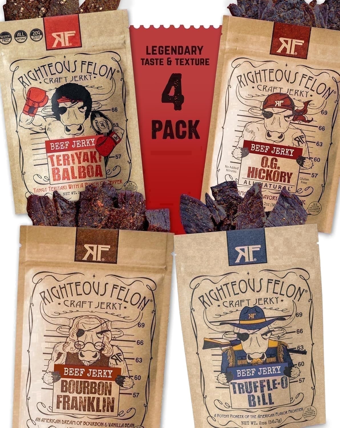 Righteous Felon Savory Beef Jerky 4 Pack - High Protein, Low Sugar, Gluten Free Gifts for Men