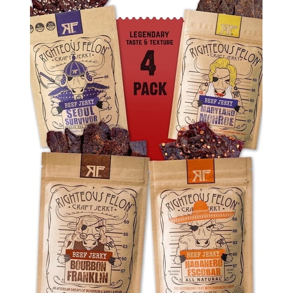 Righteous Felon Spicy Beef Jerky 4 Pack - Low Sugar, High Protein Valentines Gifts for Men