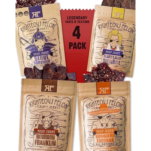 Righteous Felon Spicy Beef Jerky 4 Pack - Low Sugar, High Protein, Gluten Free Gifts for Men