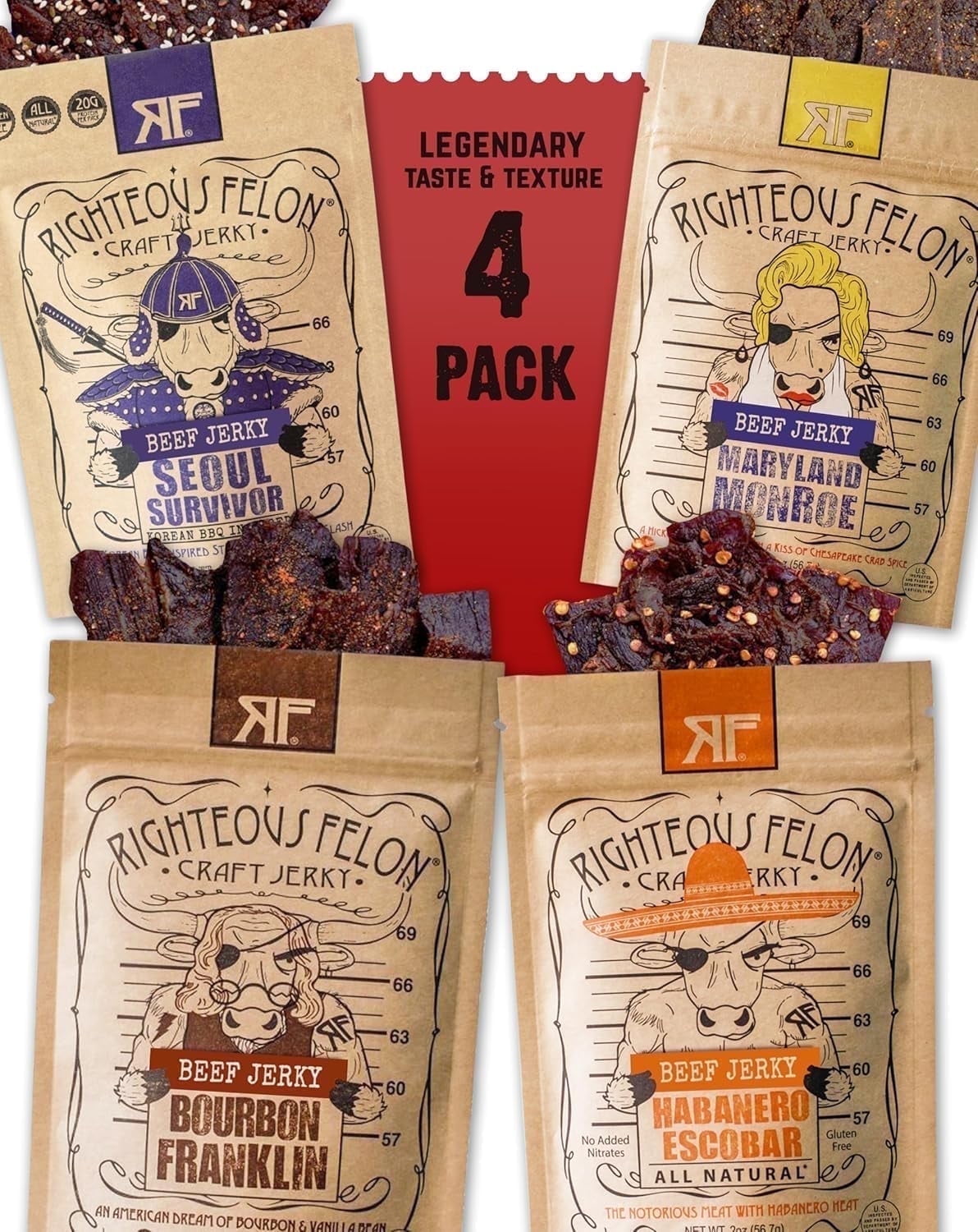 Righteous Felon Beef Jerky Variety Pack | Gluten Free Beef Snack for Adults | High Protein, Keto, Low Sugar | Made with Premium Meats | Spicy Bundle 4 pack | Gifts for Men | Stocking Stuffer