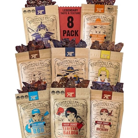 Righteous Felon Beef Jerky Variety Pack | Gluten Free Beef Jerky Snack Packs for Adults | High Protein, Keto-Friendly, Low Sugar | Made with Premium Meats | Beef Jerky Gifts for Men | Sampler 8 Pack