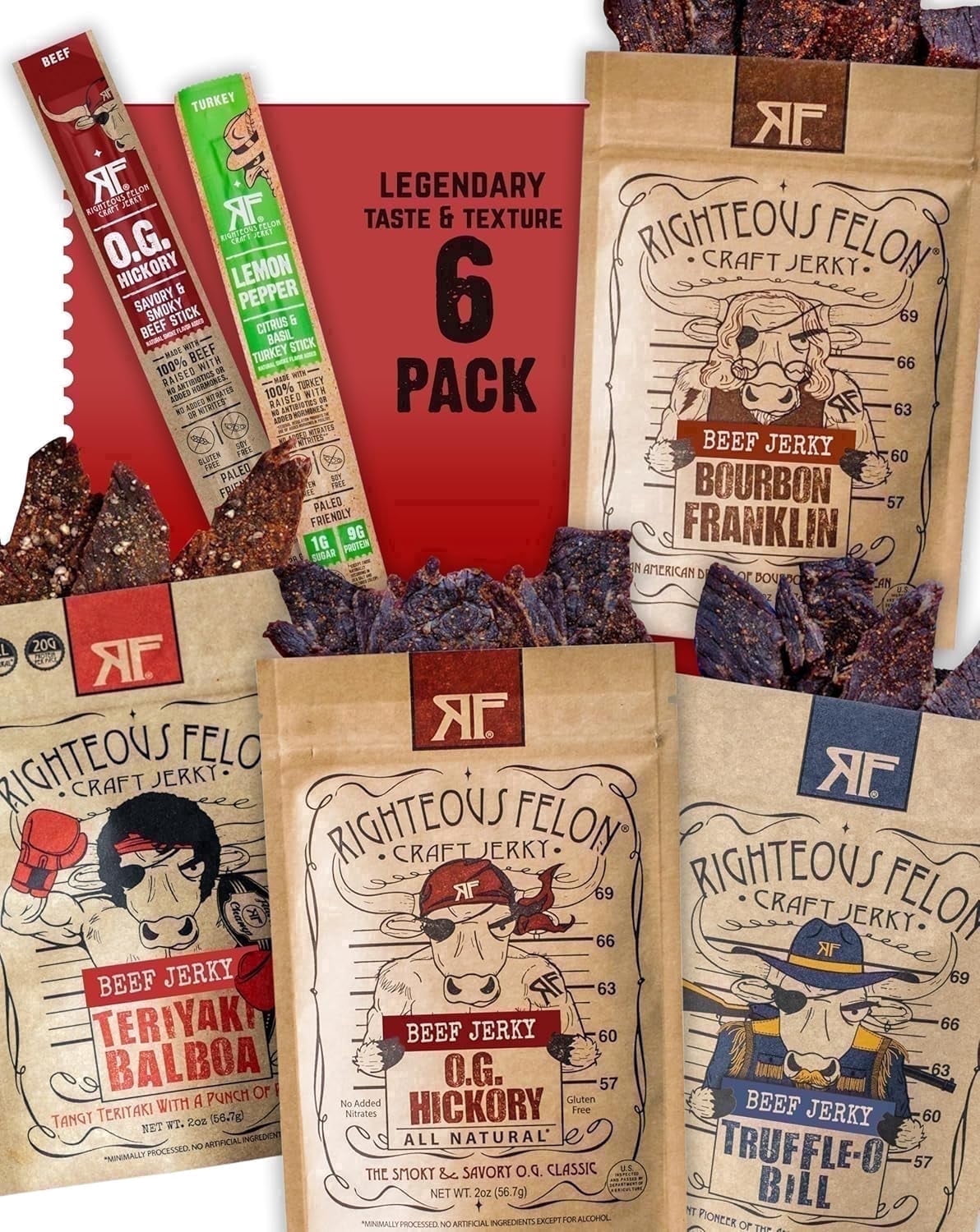 Righteous Felon Savory Jerky & Meat Sticks 6 Pack - High Protein, Low Sugar Gifts for Men