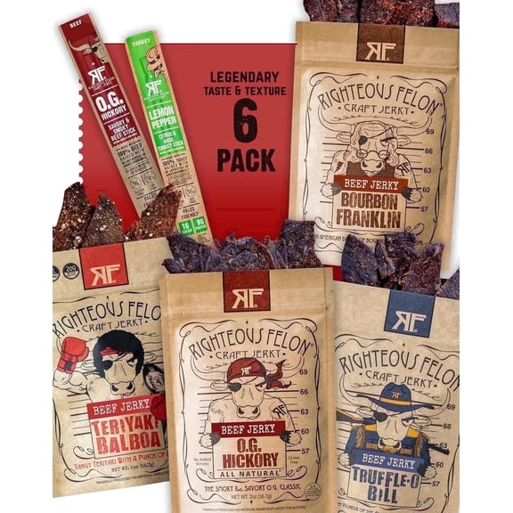 Righteous Felon Savory Jerky & Meat Sticks 6 Pack - High Protein, Low Sugar Gifts for Men