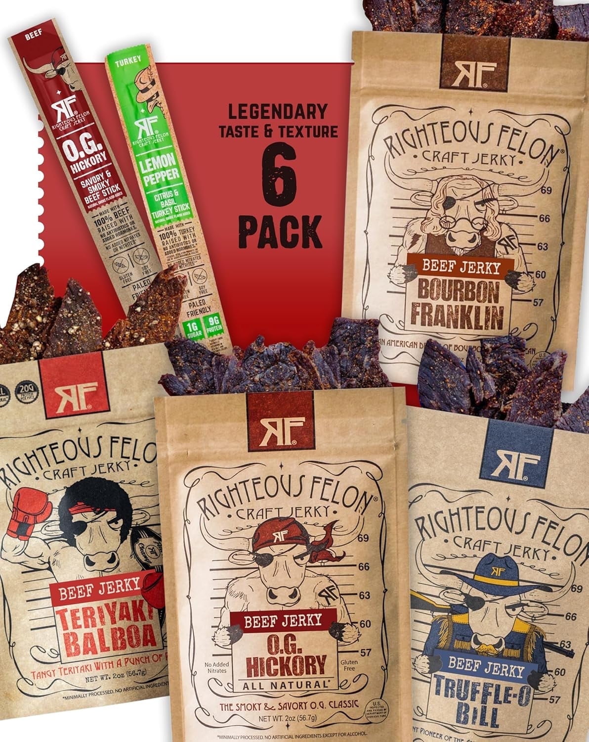 Righteous Felon Beef Jerky & Meat Sticks Variety Pack | Gluten Free Snack for Adults | High Protein, Keto, Low Sugar | Made with Premium Meats | Gifts for Men | Spicy Jerky 6 pack | Stocking Stuffers