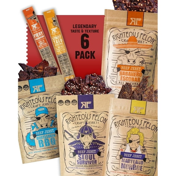 Righteous Felon Beef Jerky & Meat Sticks Variety Pack | Gluten Free Snack for Adults | High Protein, Keto, Low Sugar | Made with Premium Meats | Gifts for Men | Spicy Jerky 6 pack | Beef Jerky Gifts