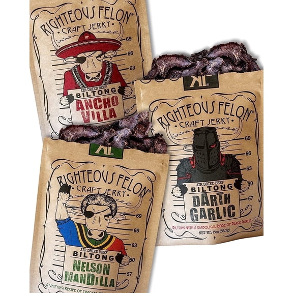 Righteous Felon Biltong Beef Jerky Variety Pack - Low Carb Zero Sugar Gluten-Free Snacks - 3 Pack