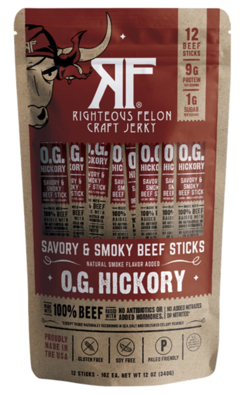 Righteous Felon Craft Jerky, O.G. Hickory Beef Stick, 1 oz, 12 ct