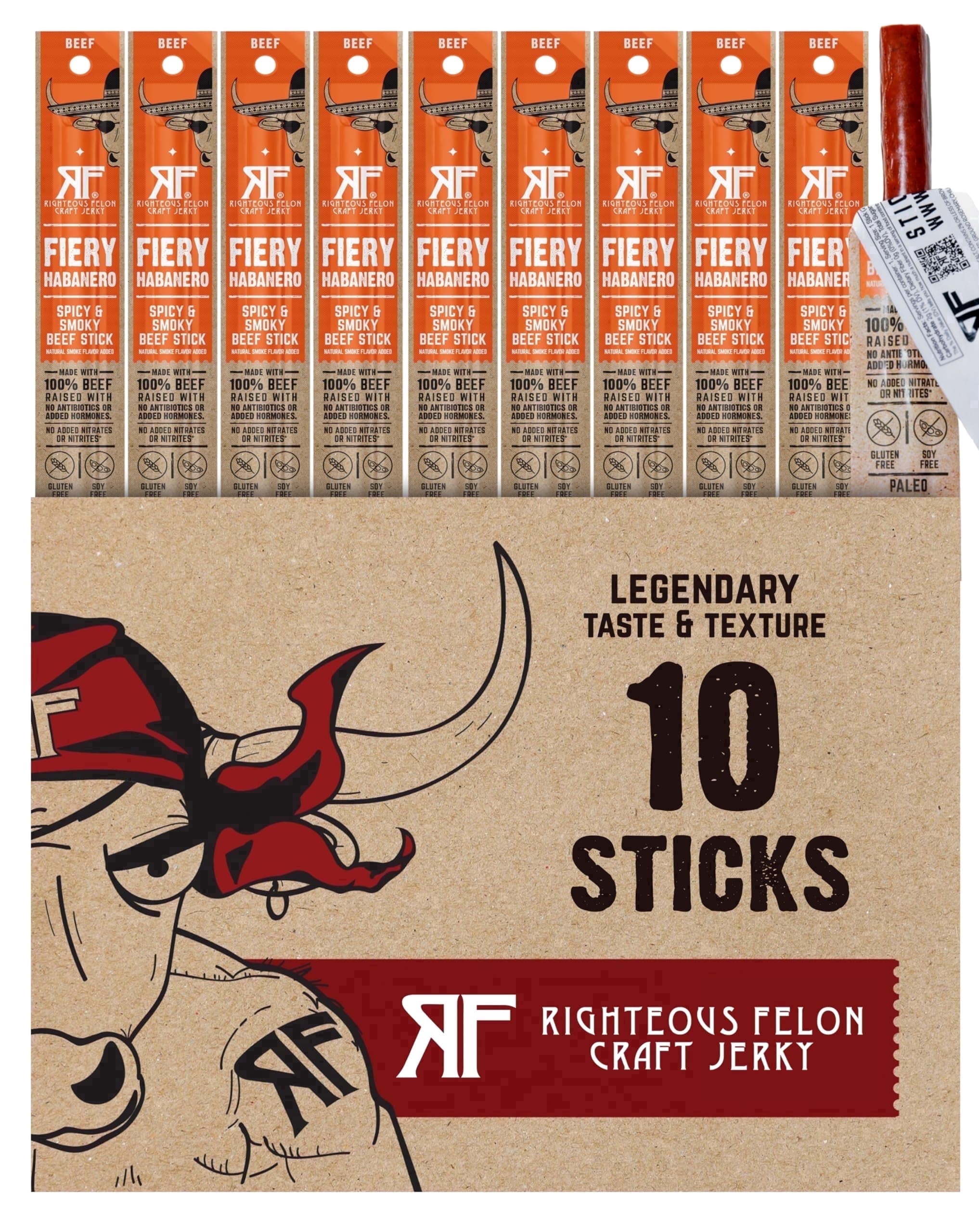 Righteous Felon Grass-Fed Meat Sticks - Low Sugar, High Protein Beef - Fiery Habanero, 10 pack