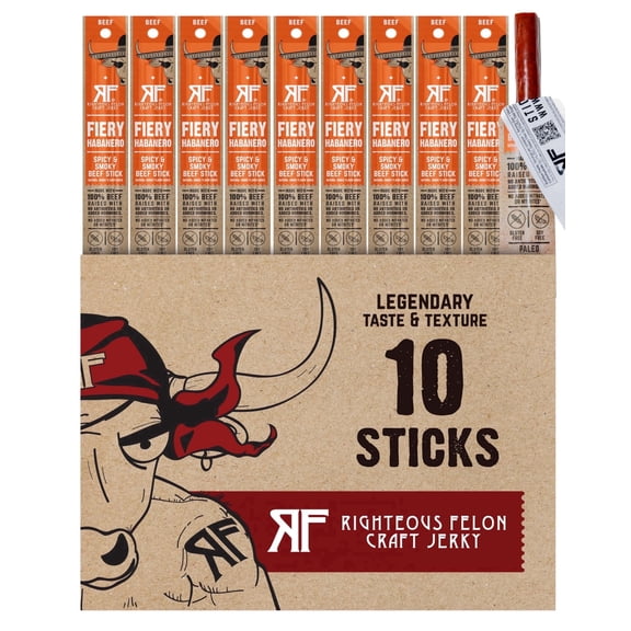 Righteous Felon Grass-Fed Meat Sticks - Low Sugar, High Protein Beef - Fiery Habanero, 10 pack