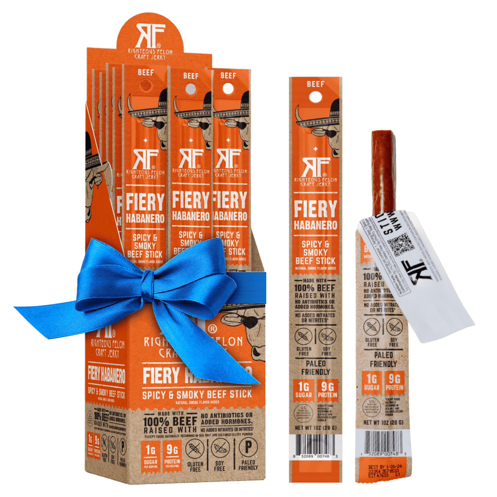 Righteous Felon Grass-Fed Meat Sticks - Low Sugar, High Protein Beef - Fiery Habanero, 24 pack