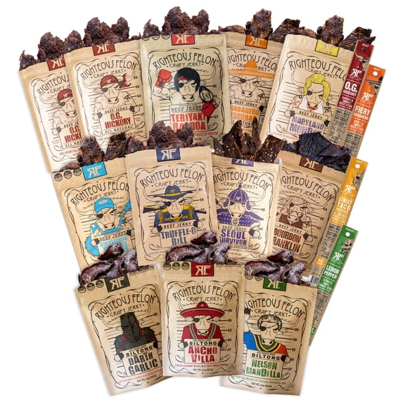Righteous Felon Jerky & Meat Sticks Variety Pack | Jerky Gifts for Men | High Protein, Keto, Low Sugar | Made with Premium Meats | Gluten Free Jerky Snack Packs | Whole Shebang 16 Pack Y101