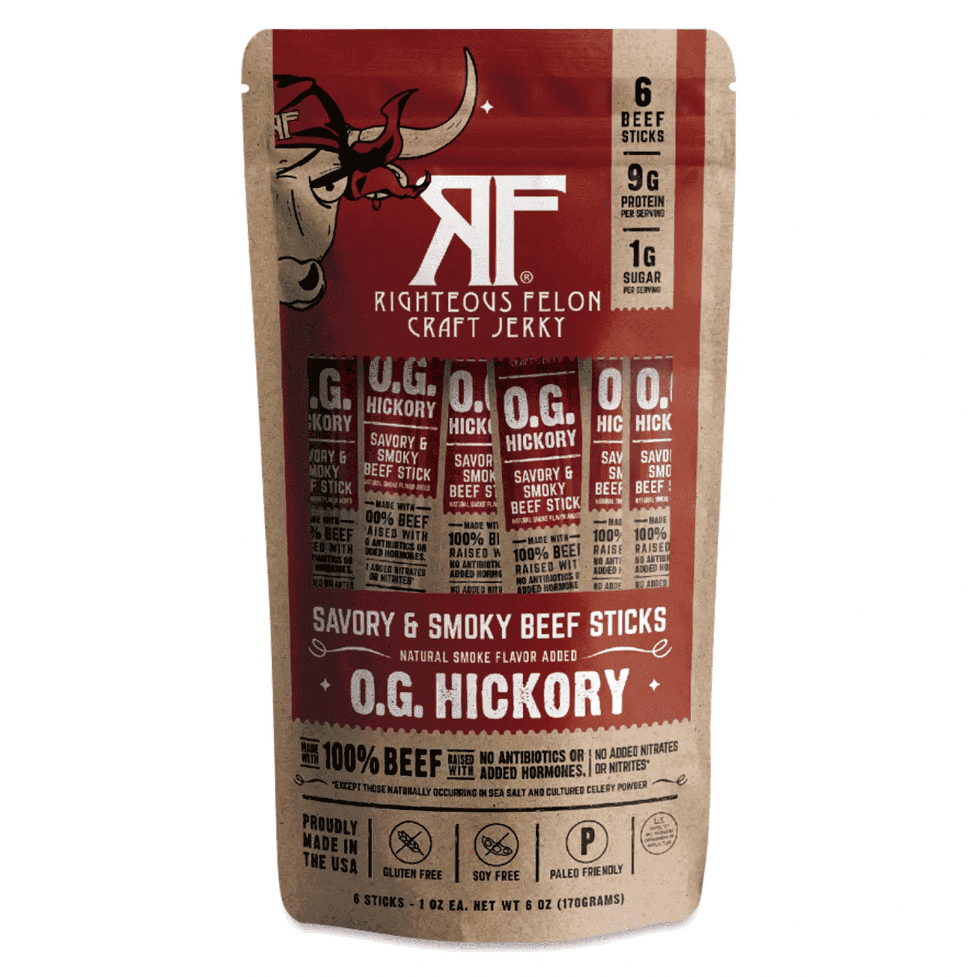 Righteous Felon Meat Sticks - Gluten Free & Keto Beef Sticks - Low Sugar & High Protein Snacks - OG Hickory, 6 pack