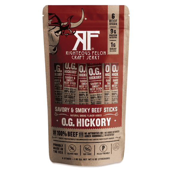 Righteous Felon Meat Sticks - Gluten Free & Keto Beef Sticks - Low Sugar & High Protein Snacks - OG Hickory, 6 pack