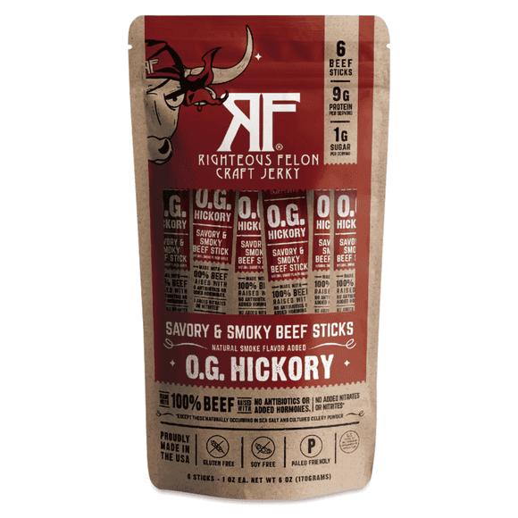 Righteous Felon Grass-Fed Meat Sticks - Low Sugar, High Protein Beef - OG Hickory, 6 pack