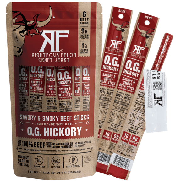 Righteous Felon Grass-Fed Meat Sticks - Low Sugar, High Protein Beef - OG Hickory, 6 pack