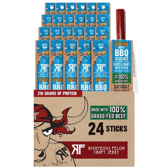 Righteous Felon Grass-Fed Meat Sticks - Low Sugar, High Protein Beef - Honey Heist BBQ, 24 pack