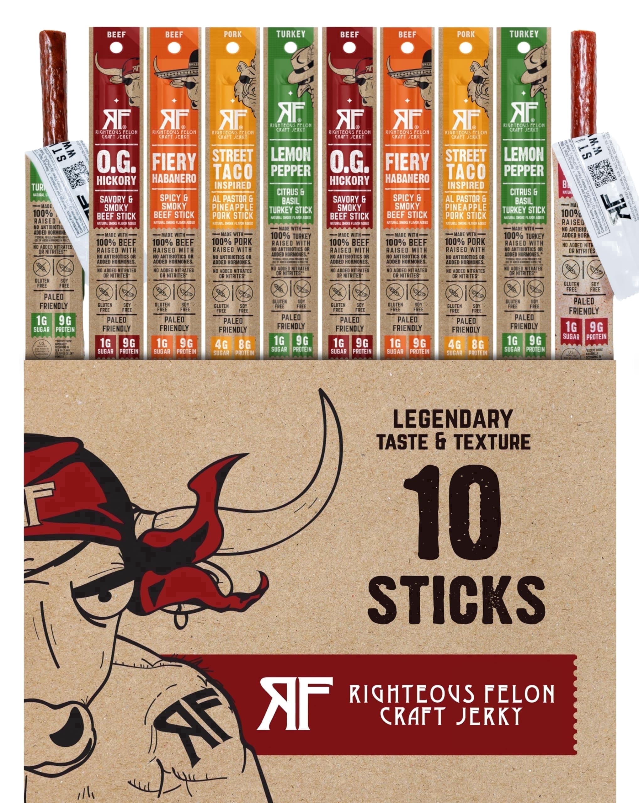 Righteous Felon Meat Sticks Variety pack - Grass-Fed Beef - Low Sugar, High Protein Snack, 10-pack