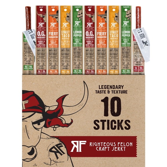 Righteous Felon Meat Sticks Variety pack - Grass-Fed Beef - Low Sugar, High Protein Snack, 10-pack