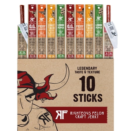 Righteous Felon Meat Sticks Variety Pack - Grass-Fed Beef - Low Sugar, High Protein Snack, 10-Pack