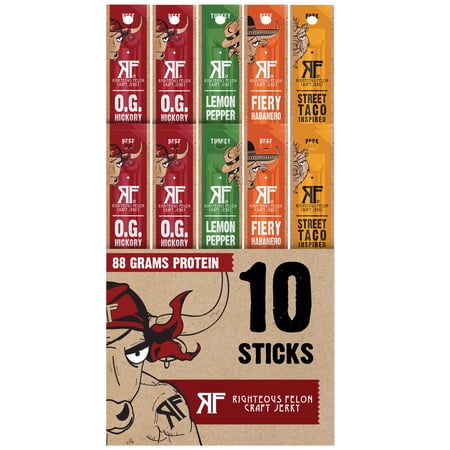 Righteous Felon Meat Sticks Variety pack - Grass-Fed Beef - Low Sugar, High Protein Snack, 10-pack