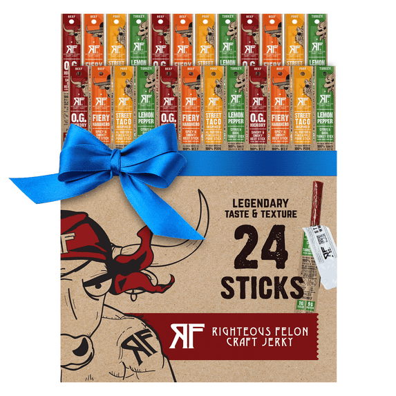 Righteous Felon Meat Sticks Variety pack - Grass-Fed Beef - Low Sugar, High Protein Snack, 24-pack