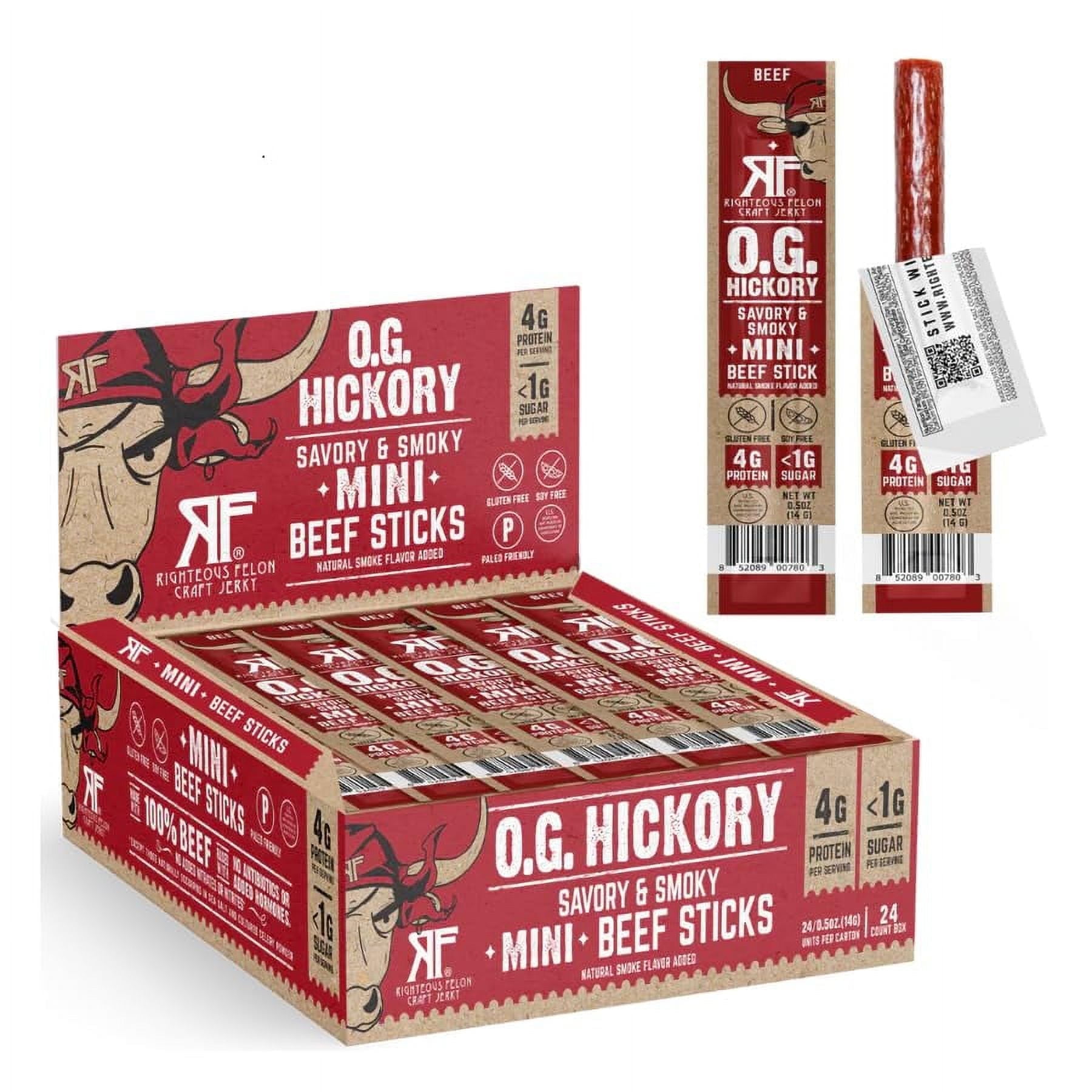 Righteous Felon Mini OG Hickory Sticks, Healthy High Protein Kids Snack, Low Sugar, OG Hickory, 24 Ct