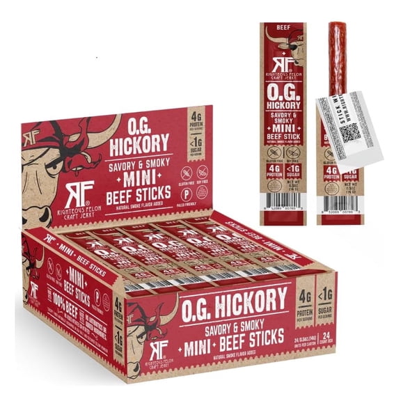 Righteous Felon Grass-Fed Mini OG Hickory Sticks, High Protein Healthy Kids Snack, Low Sugar, 24 Ct