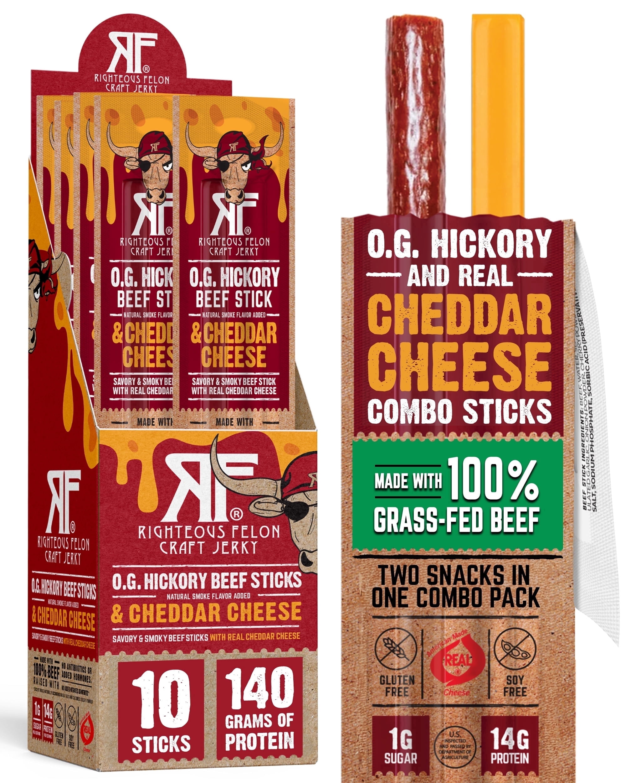 Righteous Felon O.G. Hickory Beef & Cheddar Cheese Sticks, 14g Protein, 100% Grass-Feed - 10 Combo Sticks