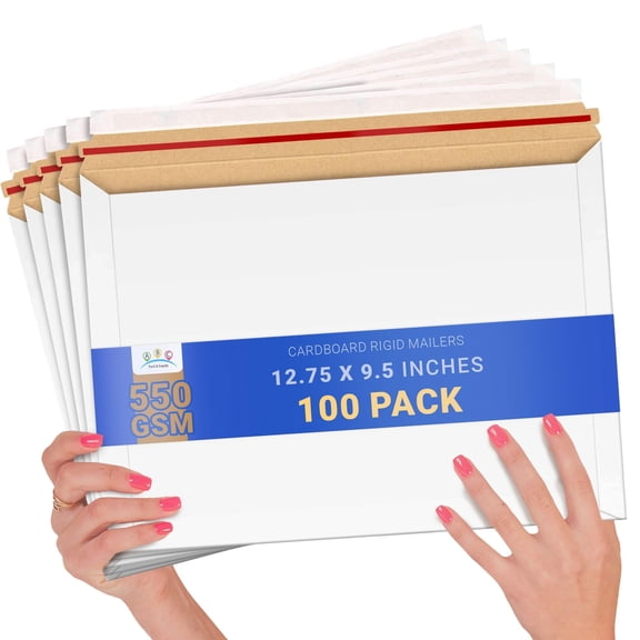 Rigid Mailers White Cardboard Envelopes with Self Seal Tear Strip 100 count 12.75 x 9.5 in