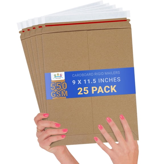 Brown Rigid Cardboard Mailer Envelopes, Self-Seal Feature, 25 count, 9 x 11.5 in