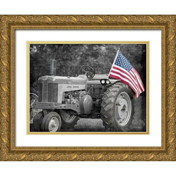 Rigsby, Jennifer 24x19 Gold Ornate Wood Framed with Double Matting Museum Art Print Titled - Tractor with American Flag