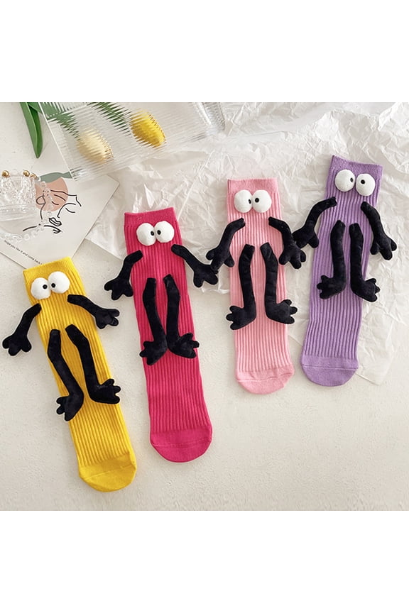1 Pair Holding Hands Socks with 3D Doll Super Soft Sweat Absorption Breathable Funny Couple Magnetic Mid-tube Socks