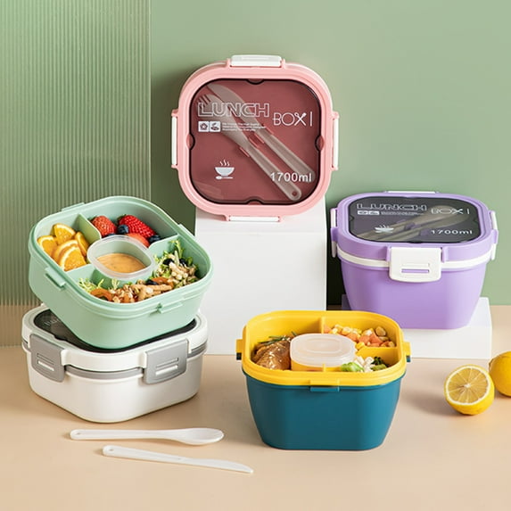 Riguas 1 Set 1200/1700ML Lunch Box with Spoon Fork Grid Design Double Layer Food Preservation Microwave Safe Buckle Design Salad Container