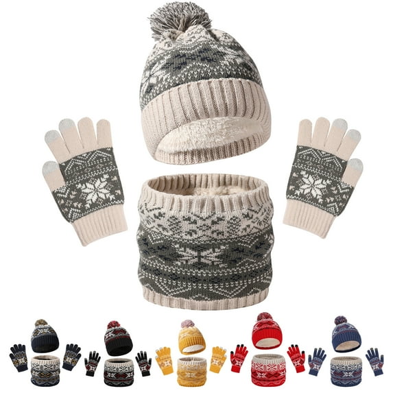 Riguas 3 Pcs/Set Children Hat Scarf Glove Set Thick Knitted Warm Jacquard Cap Anti slip Gloves Elastic Full Windproof Winter Outdoor Cycling Skiing Dome Cap Neck Wrap Set