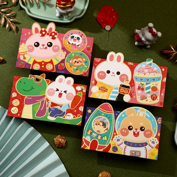 Riguas 4Pcs/Pack 2023 Red Envelopes Cartoon Jubilant Stamped Festival Props Paper Creative Chinese Horizontal Red Envelopes for New Year