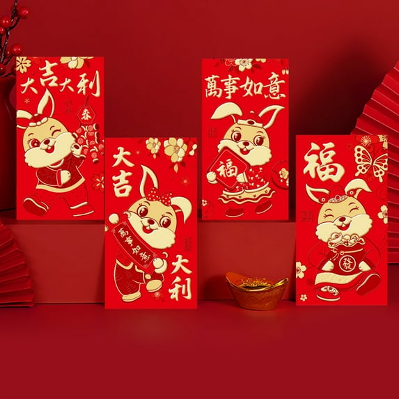 Riguas 6Pcs Red Envelopes Gilding Design Cartoon Bunny Pattern Paper 2023 Chinese Rabbit Year Festival Hongbao Money Pocket for Kids