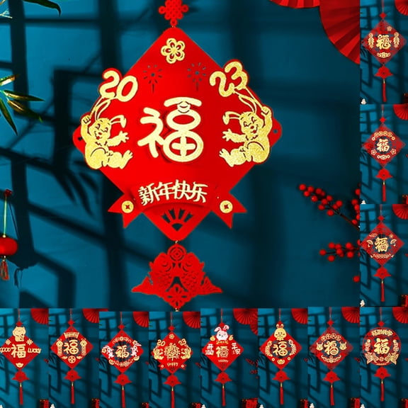 Riguas Chinese New Year Pendant Fu Character Red with Tassel Hanging Best Wishes Door Decoration Good Fortune Cartoon Rabbit Spring Festival Ornament for Home Decor