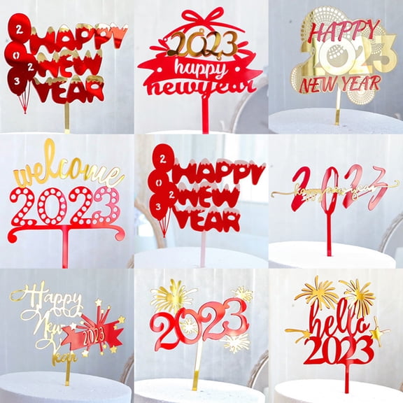 Riguas Decorative Long Pole Exquisite Cake Topper Acrylic Red 2023 Happy New Year Cake Topper Party Decor